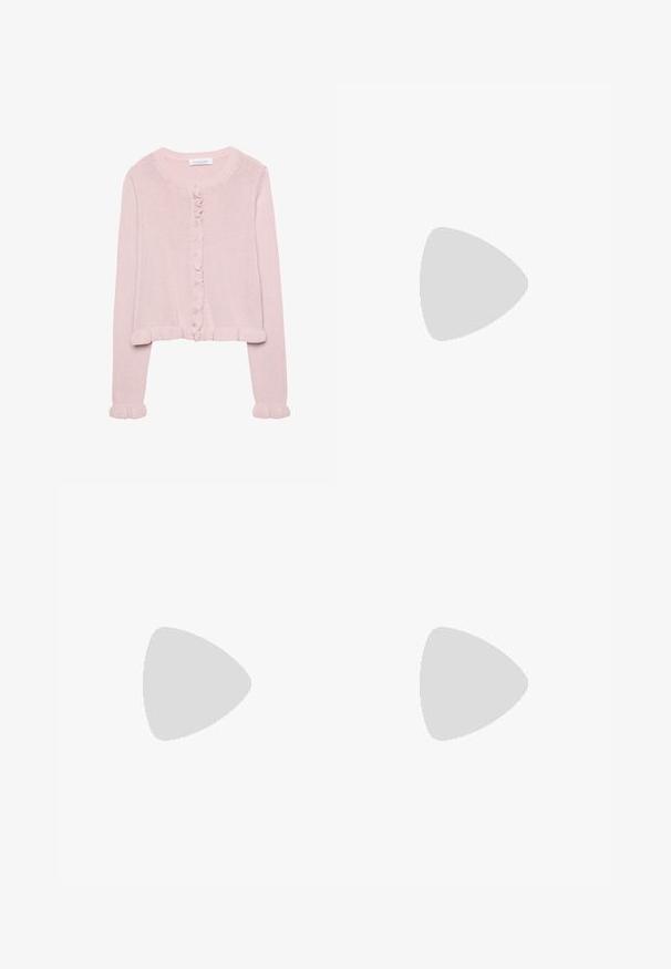 Light pink knitted cardigan with a round neckline, button front, and ruffled trim at the cuffs and hem. Soft texture, cropped fit.; White short-sleeve t-shirt made of cotton. Features a crew neckline and a relaxed fit. Smooth texture with no visible patterns or accents.; Light blue wide-leg jeans in denim, featuring a high waist, five pockets, and subtle fading. Straight cut with hemmed edges.; adidas Originals SAMBA OG UNISEX - Trainers - alumina/medium dark khaki/gum; Brown suede tote bag with soft texture, large opening, and long straps. Features a simple design with visible stitching and no hardware.