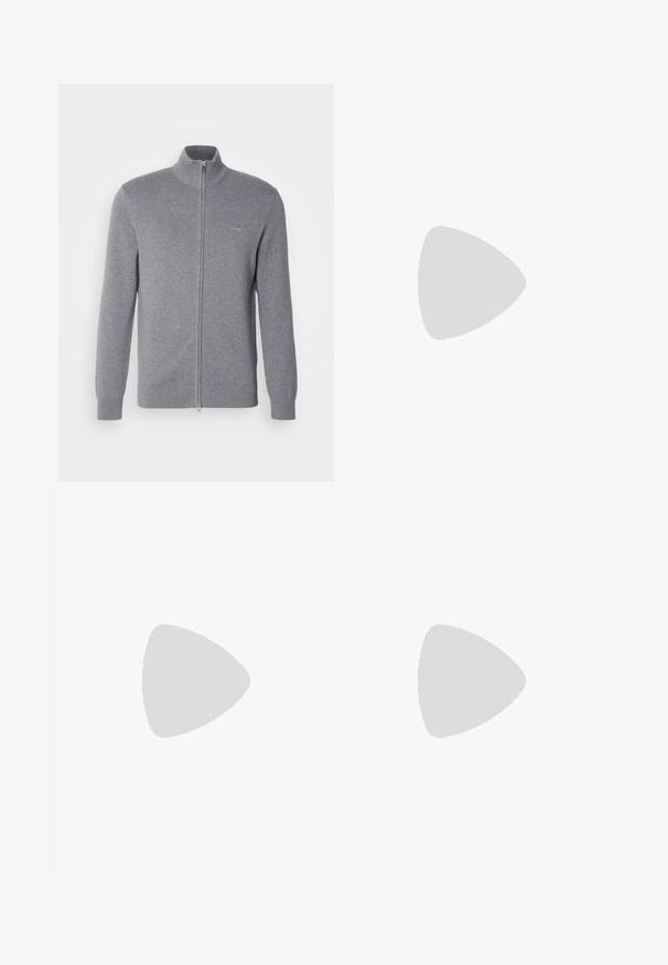 Gray zip-up sweater with a high collar, ribbed cuffs, and hem. Features a small logo on the chest. Made from a soft, textured fabric.; White cotton t-shirt with short sleeves, featuring a green striped design and a circular Lacoste logo on the chest. Smooth texture.; Blue trousers made of a smooth fabric, featuring a straight-leg design, a button closure, and subtle stitching details.; White leather sneaker with round toe, lace-up front, and black heel accent. Features a small embroidered crocodile logo on the side.