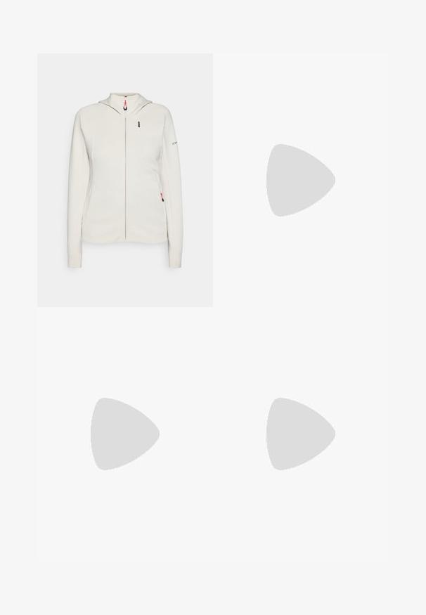 Hoodie beige clair avec fermeture éclair, poches kangourou et capuche. Présente des accents roses sur la fermeture éclair et le logo sur la manche. Tissu texturé.; T-shirt noir à manches courtes en coton lisse, avec un col rond et un logo embossé subtil sur le côté gauche.; Pantalon slim noir en tissu extensible. Il est doté d'une taille, de passants de ceinture et d'une fermeture éclair à l'avant avec un bouton. Pas de motifs visibles.; Chaussure de sport Columbia légère en mesh blanc avec une semelle texturée grise et une traction en caoutchouc. Dotée d'un collier rembourré et d'un design à lacets.