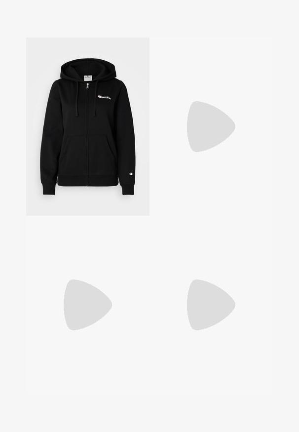 Champion GRAPHIC FULL ZIP HOODIE - Mikina so zipsom - black; Čierne tričko s krátkym rukávom vyrobené z bavlnenej zmesi, s okrúhlym výstrihom a hladkou textúrou, bez viditeľných log a vzorov.; Čierne jogger nohavice z jemnej tkaniny, so sťahovacím pásom a rebrovanými manžetami pre tesný strih. Logo na boku.; Čierne kožené tenisky s bielou podrážkou, s tenkými striebornými akcentmi a viazaním. Hladký povrch s logom na päte.