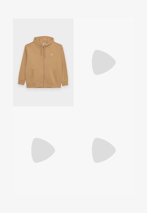Polo Ralph Lauren Big & Tall DOUBLE-KNIT FULL-ZIP HOODIE - Majica s kapuljačom i patentnim zatvaračem - new bronze; Bijela polo majica od pamuka, na kojoj se nalazi ponovljeni plavi uzorak pasa i mali plavi logo na prsima. Kratki rukavi i ovratnik.; Svijetla krema, ležerne hlače napravljene od mekog materijala. Imaju elastični pojas s vezicom i suženi dizajn nogavica.; Tenisice u bež, krem i maslinasto zelenoj boji, izrađene od antilopa i kože, s okruglim vrhom, minimalističkim dizajnom i gumenim đonom.