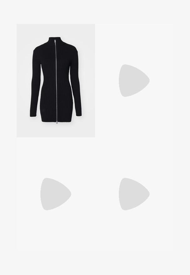 Weekday LAILA LONG ZIP CARDIGAN - Cardigan - black; Black long-sleeve bodysuit with a high neck, featuring solid fabric on the torso and sheer mesh sleeves, designed in a fitted shape.; Mid-rise wide-leg pants in a textured black and white floral pattern on a gray background, featuring a classic waistband and front pockets.; Black leather lace-up ankle boots with a chunky black sole and yellow stitching. Features a pull tab at the back and circular metal eyelets.; Silver hoop earrings with a smooth, polished finish. Round shape and secure click-top closure. Lightweight design suitable for everyday wear.