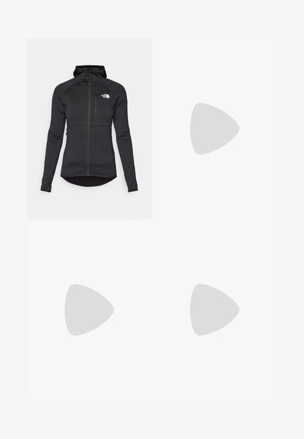 Giacca nera con cappuccio e zip realizzata in un materiale morbido e elastico. Presenta una tasca frontale, maniche aderenti e un logo nella parte superiore sinistra.; T-shirt nera a maniche lunghe in cotone con colletto rotondo. Presenta un piccolo logo bianco sul lato sinistro del petto. Design semplice e vestibilità comoda.; Pantaloni cargo in nylon nero con zip rimovibile, polsini regolabili, molteplici tasche e un logo sulla gamba destra. Tessuto liscio e leggero.; Scarpa atletica beige e crema con tomaia in mesh testurizzato, sovrapposizioni supportive e suola in gomma con un motivo a tasselli per la trazione.
