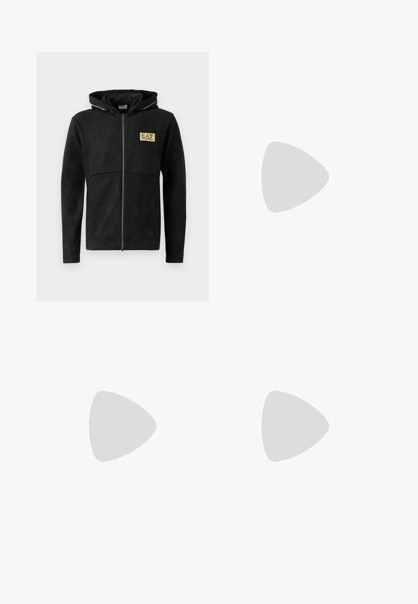 Juodas zip-up džemperis, pagamintas iš minkštos medžiagos, su aukso spalvos logotipu ant krūtinės, kontrastinga užtrauktuku ir su regulioju kapisonu.; Balta medvilninė marškinėlių su apvaliu kaklu ir trumpomis rankovėmis, priekyje spausdintas auksinis EA7 Emporio Armani logotipas.; Juoda sportinė šortai, pagaminti iš minkštos medžiagos, su elastingu diržu ir maža geltona EA7 logo apatinėje kairėje kojoje.; Balti odiniai sportiniai bateliai su lygia apdaila, apvaliu pirštu, plokščiais raišteliais ir tekstūruotu padu. Pasižymi subtiliu logotipu ant kulno.