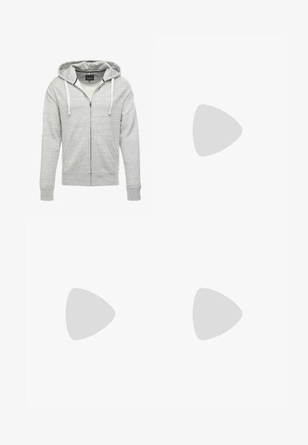 Hoodie zippé gris en tissu doux et texturé. Comprend une capuche avec cordon de serrage, des poches avant et des poignets et ourlet côtelés.; Deux polos : un bleu marine et un blanc, tous deux avec un petit accent rouge, blanc et bleu sur la poche poitrine et le col.; Jean en denim bleu foncé avec une coupe slim, décoloration subtile, cinq poches et une fermeture à bouton en métal. Accents cousus dans une couleur contrastante.; Baskets blanches en matériau synthétique. Présentent une texture lisse, un bout rond, un design à lacets et des accents rayés sur les côtés.