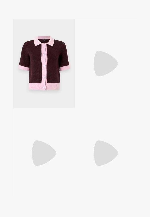 Short-sleeved cardigan in dark brown knit material, featuring a light pink collar and button placket, with contrasting pink hem and cuffs.; Black, sleeveless top made of lightweight fabric. Boxy design with a crew neckline and narrow shoulder straps. Smooth texture, minimal detailing.; Black wide-leg pants made of lightweight fabric. Features an elastic waist with a drawstring. Clean, minimalist design with no patterns.; White sneaker with black stripes, textured rubber sole, and black heel accents. Paired with dark denim pants and white socks.