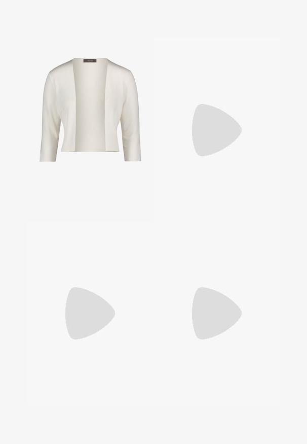 White ribbed cardigan featuring a wide open front, three-quarter sleeves, and a soft texture. Label visible at the neckline.; Off-the-shoulder maxi dress in navy with white and gold floral pattern. Fitted silhouette with flared hem, made from smooth, stretchy fabric.; Black leather stiletto shoe with a pointed toe, open back, and ankle straps tied in a bow. Slim 3-inch heel. Smooth texture, minimalist design.; Black leather crossbody bag featuring a smooth texture, rectangular shape, and a metallic chain detail on the front. Adjustable strap included.