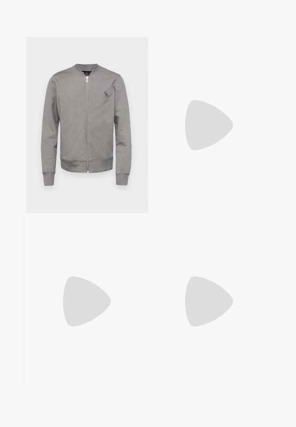 PS Paul Smith REGULAR FIT ZEBRA - Sweat zippé - grey; T-shirt en coton noir à manches courtes, col rond et avec un discret logo de cheval brodé en gris sur la zone gauche de la poitrine.; Jeans en denim bleu foncé avec une coupe droite, dotés de cinq poches, d'une fermeture à bouton et de détails de surpiqûres contrastants.; Baskets basses blanches avec un dessus en cuir texturé, semelle crémée à stries, et accent de talon tan. Présente des lacets blancs et un logo sur le talon.