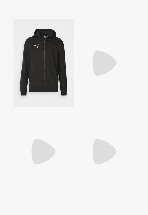 Sort zip-up hoodie lavet af blødt stof. Har en kengurulung lomme, ribbet manchetter og et hvidt Puma-logo på brystet.; Hvid bomulds t-shirt med korte ærmer, med blå kravekant og et BMW Motorsport-logo printet på forsiden. Glat tekstur, afslappet pasform.; Sorte joggingbukser lavet af blødt stof, med elastik i taljen og snøre, slim fit og hvide striber i siden. Logo trykt på hoften.; Hvide sneakers lavet af glat læder, med perforeret tå, en tekstureret gummisål, flade snørebånd og et fremtrædende 'N' logo på siden.