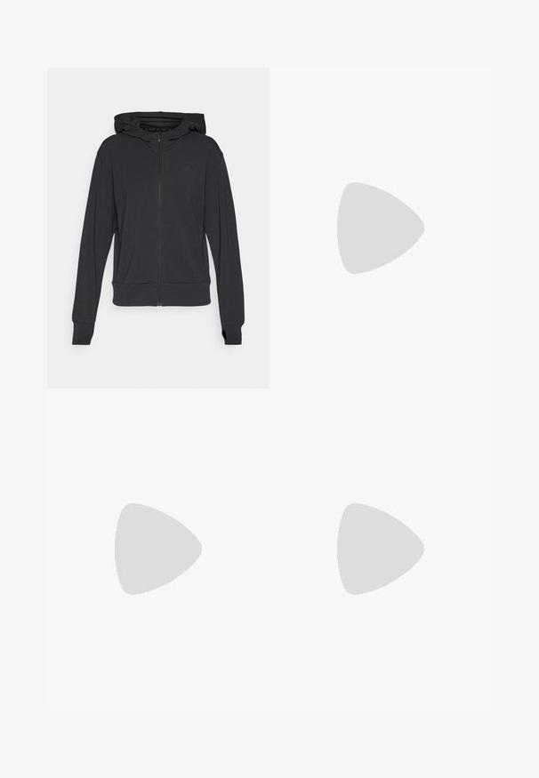 Black zip-up hoodie made of soft fabric, featuring a hood, long sleeves, and a subtle logo on the left chest area.; Black sports crop top made from moisture-wicking fabric, featuring a round neck, sleeveless design, and white logo on the chest.; Black athletic shorts with an elastic waistband, featuring a textured band, side stripes, and a white Adidas logo on the lower hem.; Black athletic shoe with a textured mesh upper, reflective accents, cushioned sole, and a streamlined design. Features three stripe logo.
