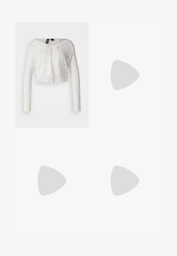 White cropped lace top with long sleeves, V-neckline, and tie closure. Floral pattern throughout, featuring a soft, textured surface.; Two cotton crop tops in white and black. Each has a deep neckline and thin shoulder straps, featuring a smooth, soft texture.; Pink and white striped shorts with an elastic waistband. Features a logo tag on the front, made from lightweight material.; Blue mesh and suede sneaker with yellow Nike swoosh, white laces, and light brown sole; classic athletic design.