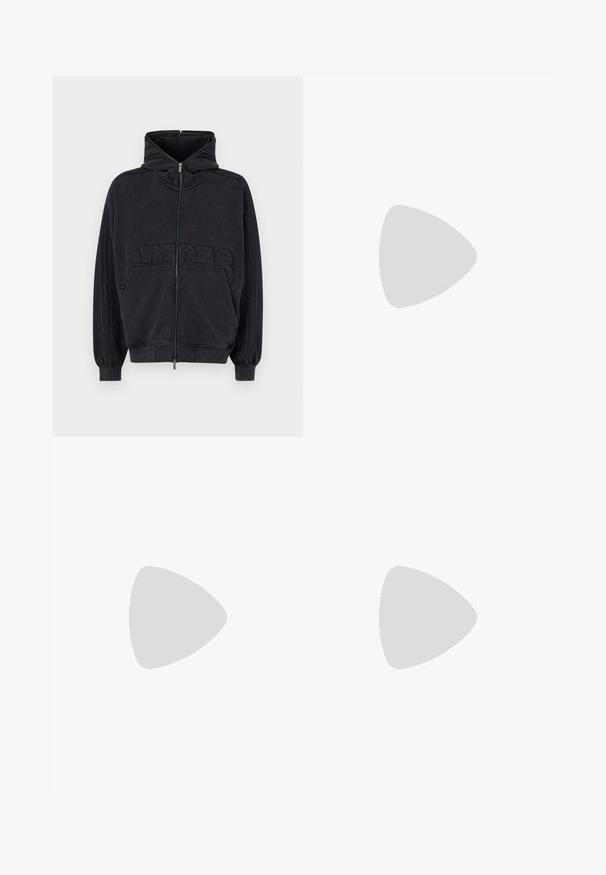 Black zip-up hoodie in soft fabric. Features a high collar, ribbed cuffs, and notable embossed logo across the chest. Vertical stripes on sleeves.; Black short-sleeve t-shirt with white three-stripe detailing on shoulders and a small white logo on the chest. Smooth fabric texture.; Black athletic pants with an elastic waistband, featuring large white curved accents on the sides and a small logo on the upper thigh.; Black leather and suede sneaker with three white stripes, rubber sole, and gold "Samba" text on the side. Lace-up design, textured toe.