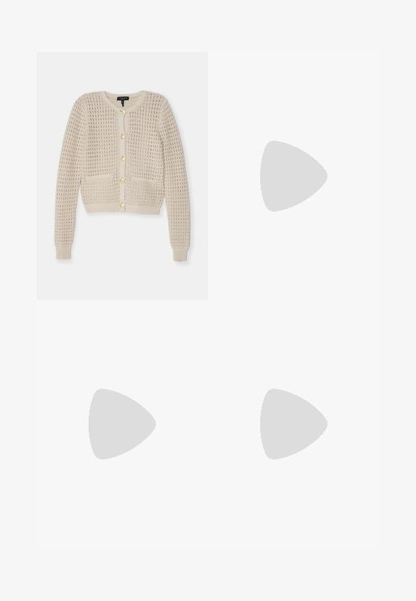 Beige cardigan with a textured knit design, featuring long sleeves, a rounded neckline, gold buttons, and two front pockets.; White short-sleeve knit top with a round neckline, featuring a smooth texture and subtle ribbed accents at sleeves and hem.; Light blue denim jeans with a straight-leg design, high waist, and subtle fading. Features classic five-pocket styling and a zipper fly.; Paul Smith AMIRA - Classic heels - black