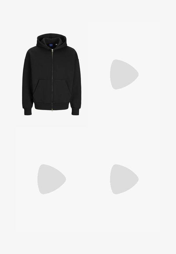 Jack & Jones EINFARBIG  - Sweatjacke - black; Weißes Baumwoll-T-Shirt mit kurzen Ärmeln, das auf der linken Brustseite ein kleines pinkes und schwarzes Kaffeetassen-Graphic zeigt.; Schwarze Cargo-Hosen mit einem elastischen Bund, zwei Seitentaschen und einem dezenten Logo auf dem linken Oberschenkel. Hergestellt aus einem leichten Stoff.; Schwarz-weiße Sneaker mit einem Obermaterial aus Wildleder und Leder, ausgestattet mit drei weißen Streifen, einer perforierten Zehenpartie und einer Sohle aus Gummi.