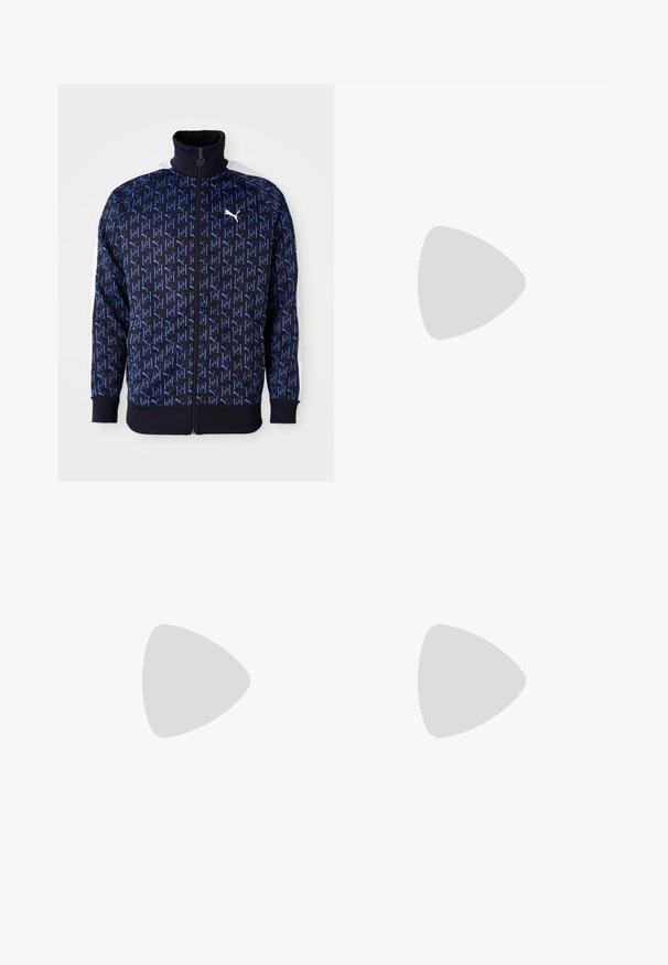 Marine zip-up jack met een herhalend blauw logo patroon, hoge kraag, witte zijkanten en ribgebreide mouwen en zoom voor een aansluitende look.; Zwarte sport t-shirt met korte mouwen van lichtgewicht stof. Heeft een ronde hals en gedrukt "HYROX" logo met een Puma-embleem aan de voorkant.; Zwarte zwemshorts met een elastische tailleband en trekkoord. Lichtgewicht stof met zijzakken. Voorzien van een klein logo op de zoom.; Zwarte sportieve schoen met een gestructureerde mesh bovenkant, platte veters en een gevoerde zool met subtiele reflecterende accenten.