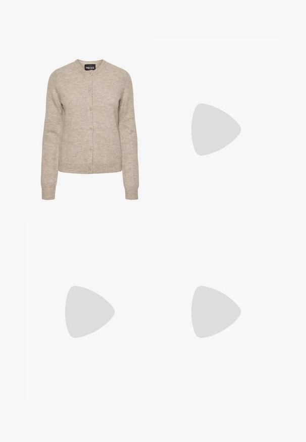 Beige strikket cardigan med rund hals, knappelukking, lange ermer og ribbede mansjetter. Laget av myk, teksturert stoff.; Hvit skjorte med knapper laget av glatt bomull, med klassisk krage, lange ermer og buet skjær. Knapper er små og hvite.; Brun bomull A-linje skjørt med høy midje, med folder foran og en jevn tekstur. Kantene er rene og enkle.; Burgunderrød lakk lær ballettleilighet med rund tå, liten sløyfe foran og en lav, svart gummisåle. Glatt tekstur.