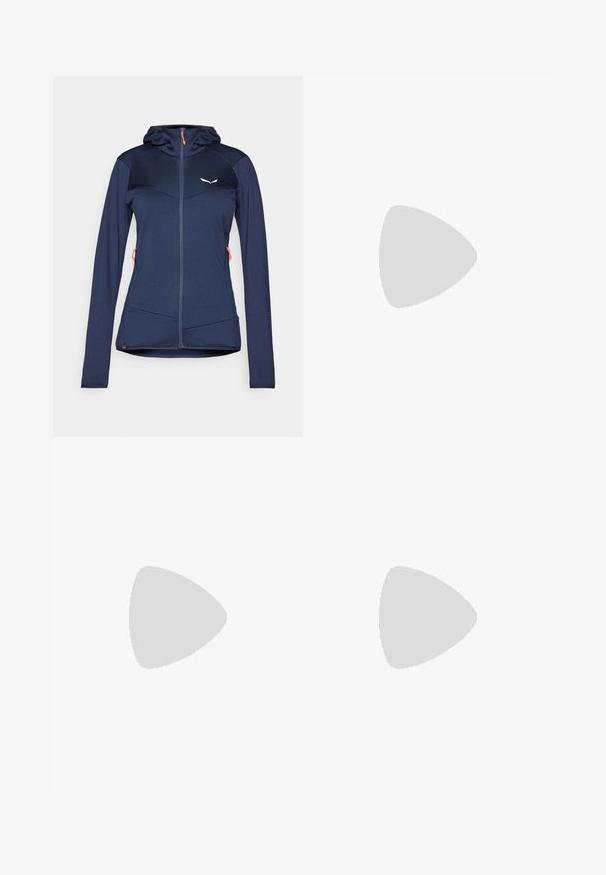 Navy blue athletic jacket with a fitted design, textured fabric, hood, and two front zip pockets. Features orange zipper pulls and logo accents.; Black cropped t-shirt made of cotton, featuring a white logo with curved accents and text "THE NORTH FACE" on the front. Short sleeves, crew neck.; Black outdoor pants made from durable material, featuring a relaxed fit, elastic waistband, and cinched cuffs for adjustable length.; Black hiking shoe with a textured upper, lace closure, and a chunky rubber sole featuring a prominent logo on the side and tread patterns.