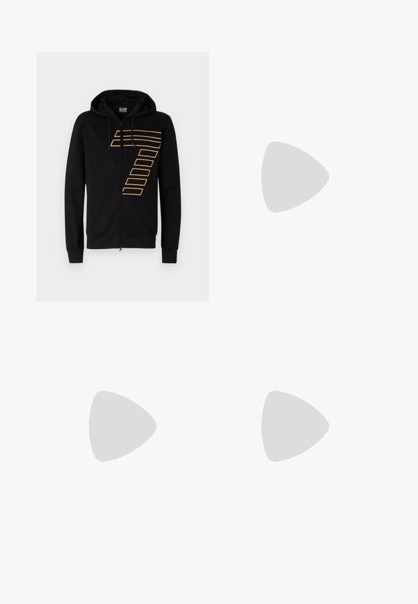 Black zip-up hoodie made of cotton with a soft texture. Features a large gold graphic design on the chest, adjustable drawstring hood, and ribbed cuffs.; White cotton t-shirt featuring a round neckline and short sleeves, with a gold EA7 Emporio Armani logo printed on the front.; Black athletic shorts made of soft fabric,Featuring an elastic waistband and a small yellow EA7 logo on the lower left leg.; White leather sneaker with a smooth finish, round toe, flat laces, and a textured sole. Features a subtle logo on the heel.