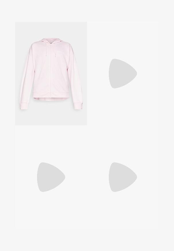 Gaiši rozā zipa jaka ar kapuci, garām piedurknēm un ribotiem aproces galiem. Uz kreisā krūšu daļā atrodas balts Adidas logs. Mīksta auduma tekstūra.; Īsām piedurkņu sporta T-krekls, tumši pelēks ar perforētu tekstūru. Iespējots ar baltu logotipu un kontrastējošām sānu svītrām. Apaļa kakla izgriezums.; Melnas sporta šortas, izgatavotas no viegla materiāla, ar elastīgu jostu un baltu Adidas logo apakšējā kreisajā pusē.; Melnas un bēšas sporta kurpes ar teksturētu augšu, izteiksmīgu zoles dizainu, atstarojošiem akcentiem un auklu sistēmu. Vieglas konstrukcijas.