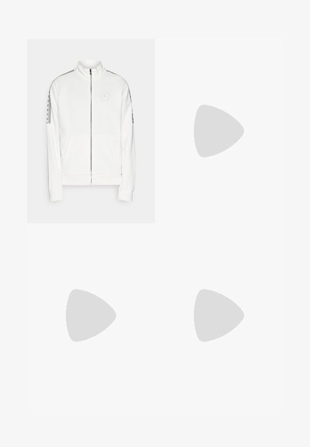 Giacca da track bianca con zip in tessuto morbido, colletto alto, tasche laterali e dettagli grigi a contrasto, con logo sul petto.; T-shirt bianca a girocollo realizzata in cotone, con maniche corte e un piccolo logo ricamato sulla parte sinistra del petto. Texture morbida.; Pantaloni sportivi grigi realizzati in morbido misto cotone, con un elastico in vita, gambe affusolate e un piccolo logo nell'area della tasca sinistra.; Sneakers atletici bianchi con pelle sintetica liscia, accento del logo nero e dettagli perforati sul lato. Suola in gomma.