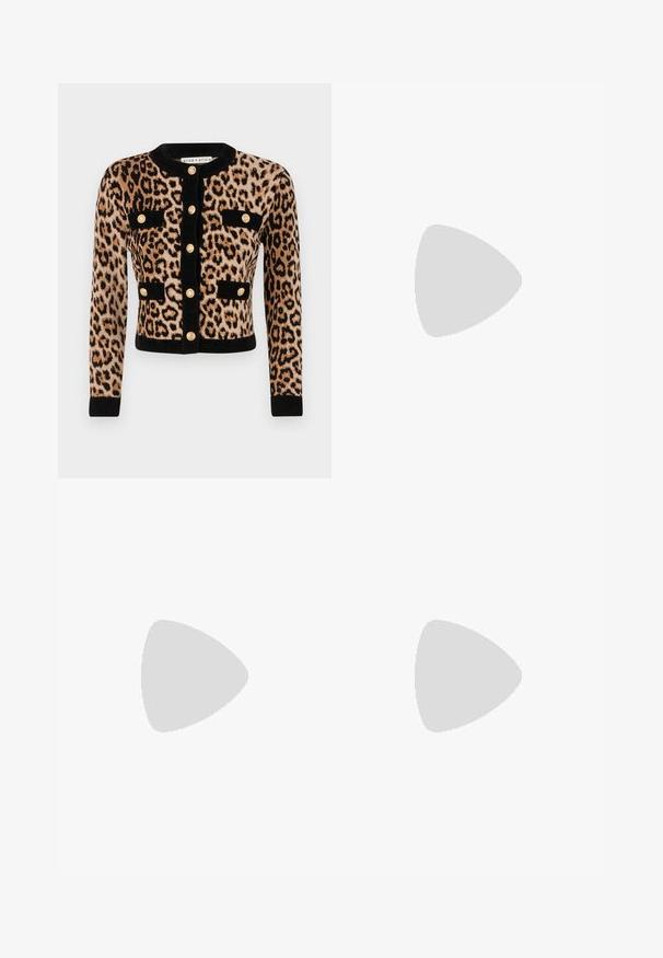 Cardigan cu imprimeu leopard, cu manșete și guler negre, având nasturi aurii și două buzunare pe piept. Fabricat dintr-un material texturat și moale.; Tricou alb cu mânecă scurtă, confectionat dintr-un material texturat. Gât rotund, tăietură regulară și detalii subtile de cusătură. Fără modele sau grafice.; Fustă midi tricotată albă, cu un model texturat ce include linii verticale și detalii decupate aproape de tiv. Talie elastică. Material moale.; Balerini din piele neagră, cu vârf rotund, textură netedă, detalii de cusătură minimale și un design al tălpii flexibil.; Geantă de piele maro cu închidere tip capac, accesorii de culoare aurie, curea de umăr și o textură netedă. Formă compactă și rectangulară.