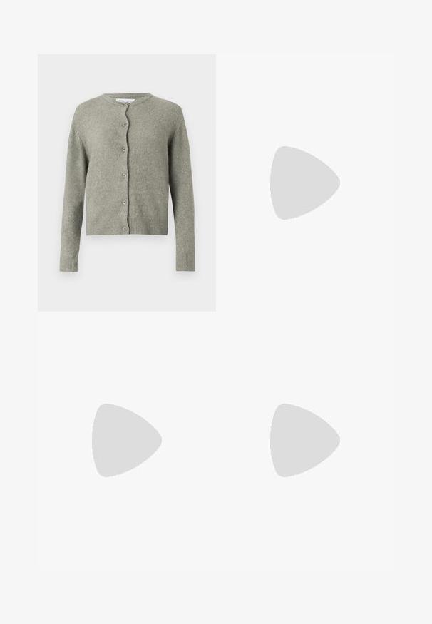 Gray, knitted cardigan with a round neckline, long sleeves, and front button closure. Features a soft texture and ribbed cuffs and hem.; Cream V-neck top with cap sleeves, made of smooth fabric. Features a center seam and delicate stitching detail along the shoulder seams.; Beige wide-leg trousers with a smooth texture, featuring a high waistband and two front pockets. Clean design with a tailored fit.; Black leather heeled sandal with a square toe, ankle strap featuring a gold buckle, and a slender metallic heel. Smooth texture, minimalist design.