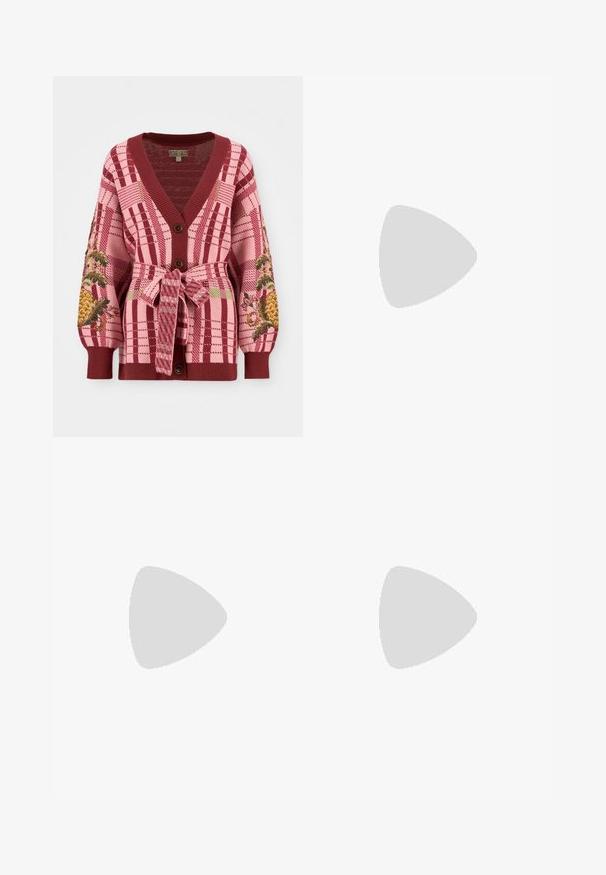 Pink and maroon cardigan with a V-neck, checkered pattern, embroidered pineapples on sleeves, and a tie waist. Features two front buttons.; White long-sleeve shirt, cotton material, round neckline, featuring small navy logo on the left chest. Simple design, regular fit.; White wide-leg trousers with a high waist, featuring a button closure and subtle stitching details. Made from cotton with a smooth texture.; White leather sneakers with a smooth finish, navy accents, and a small logo on the side. Features flat laces and textured rubber sole.