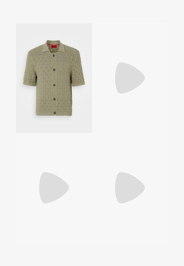 Short-sleeve, light olive-green cardigan with a diamond pattern and black buttons, featuring a collared neckline and ribbed edges.; Short-sleeve knitted shirt in green and black with a bold, textured snake-like pattern. Features a black collar and front button closure.; Patterned shorts in green and black with a snake-inspired design, featuring a black drawstring waist and contrasting black hem.; Black sneaker with smooth synthetic upper, round toe, flat laces, and a ribbed rubber sole. Minimalist design, featuring stitched accents.