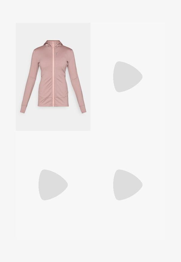 Casaco com fecho éclair em rosa claro, com um design ajustado, mangas longas, capuz e dois bolsos frontais. Apresenta um fecho em contraste e uma marcação subtil.; T-shirt preto de mangas longas, feito de algodão, com decote redondo. Apresenta um pequeno logótipo branco na área esquerda do peito. Design simples e ajuste confortável.; Calças cargo pretas em nylon com fechos de correr removíveis, punhos ajustáveis, múltiplos bolsos e um logótipo na perna direita. Textura suave e leve.; Sapatilha atlética beige e creme com parte superior em malha texturizada, sobreposições de suporte e sola de borracha com um padrão de cravo para tração.