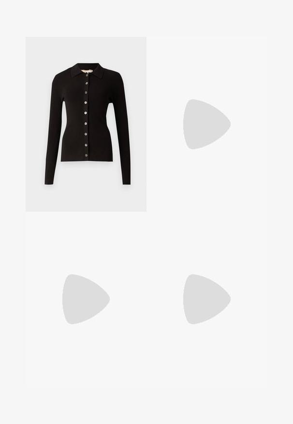 Black ribbed cardigan featuring a collared neckline and a button-down front with metallic buttons. Long sleeves and fitted design.; White short-sleeve t-shirt made of ribbed fabric. Round neckline, regular fit, and subtle stitching details. No patterns or graphics.; Citizens of Humanity ANNINA - Straight leg jeans - westwood dark indigo; Black leather ballet flat with a rounded toe, smooth texture, minimal stitching detail, and a flexible sole design.