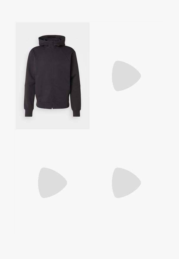 Felpa nera con zip e colletto alto, maniche raglan, polsini e orlo a coste. Realizzata in tessuto liscio con una texture uniforme.; T-shirt bianca in cotone a maniche corte, con una stampa grafica viola e nera che raffigura tre strisce e la parola "BASKETBALL."; Pantaloni sportivi neri con elastico in vita, caviglie elasticizzate e logo Adidas bianco sulla coscia sinistra. Realizzati in tessuto leggero e liscio.; Scarpe da corsa leggere di colore azzurro pallido con strisce nere. Presentano una tomaia liscia, punta rotonda e un'ampia intersuola bianca etichettata "LIGHTSTRIKE PRO."