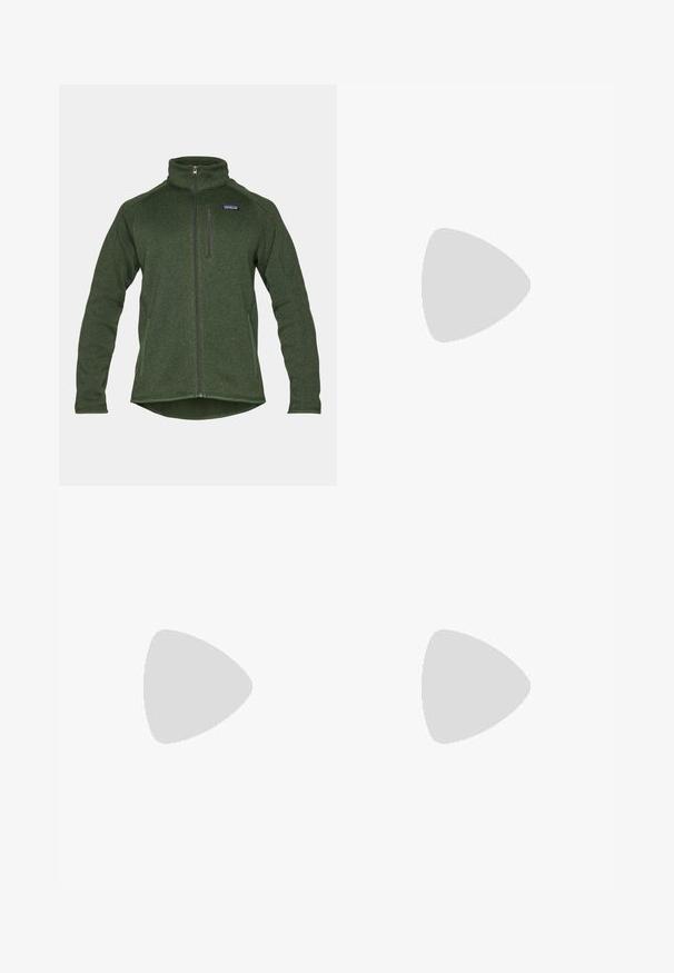 Green fleece zip-up jacket featuring a high collar, side pockets, and a chest pocket with a zipper. Made of textured, warm fabric.; Gray short-sleeve t-shirt made of soft, textured fabric featuring a small blue Patagonia logo on the left chest. No additional patterns.; Dark gray trousers made of durable fabric, featuring a zippered pocket, straight cut, and belt loops for adjustable fit.; Brown waterproof sneakers with a textured upper, perforated accents, black heel support, and a grey rubber sole. Laces are styled with metallic ends.