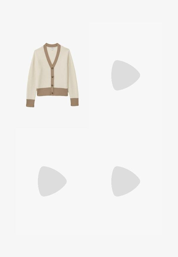 Creme cardigan med beige ribbede detaljer, v-udskæring, og seks brune knapper foran. Blød tekstur, raglanærmer og tætsiddende kant.; Sort kortærmet top lavet af strækbart stof, med et tætsiddende design og samling detaljer på siderne. Glat tekstur, klassisk form.; Sorte polyester culotte bukser med elastisk talje, to forpiber og en løs silhuet. Ingen synlige mønstre eller hardware detaljer.; Bershka Højhælede sandaletter / Højhælede sandaler - black