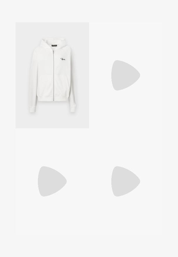 Bijela zip-up hoodie s rebrastom teksturom, kapuljačom s vezicom i bočnim džepovima. Sadrži mali crni logo "P" na lijevoj strani prsiju.; Bijela majica s kratkim rukavima od mekanog pamuka, s okruglim izrezom i prilagođenim oblikom. Bez vidljivih uzoraka ili ukrasa.; Svijetlosivi dukserica s opuštenim krojem, elastičnim pojasom, vezicom i bočnim džepovima; izrađeni od mekanog, teksturiranog materijala.; Crvene od nubuka tenisice s bijelim detaljima, sa teksturiranim materijalom, okruglim vrhom i zlatnim logom sa strane, nosi se s crnim hlačama.