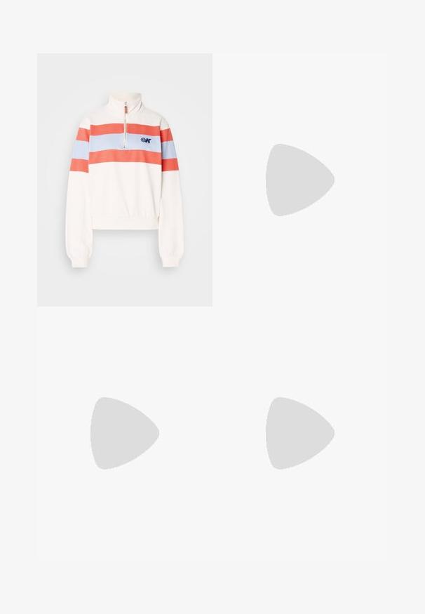 Bela športna majica z visokim ovratnikom, ki ima rdeče in svetlo modre vodoravne črte ter sprednji zadrgo. Logo je prikazan na levem prsnem delu.; Črna bombažna majica s krožnim izrezom, kratkimi rokavi in belim potiskanjem logotipa "Calvin Klein" ter besedilom "Ustanovljen 1968".; Bela široka hlače iz lahkega materiala, ki se ponašajo z gladko teksturo, čistimi linijami in visokim pasom.; Belej športni čevelj iz usnja z gladko teksturo, ki ima srebrno akcentacijo na peti, ravno podplato in minimalističen dizajn.