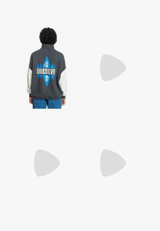 Gray sweatshirt with a high collar, white sleeves, and a blue geometric design featuring the text "QUIKSILVER" on the back. Soft texture.; Black T-shirt made of cotton with short sleeves. Features a white spider web graphic and logo on the front. Simple rounded neckline.; White wide-leg athletic pants with a ribbed waistband and subtle logo detail. Smooth fabric with a relaxed fit and tapered hem.; Nike Sportswear FIELD GENERAL - Trainers - off-white/black