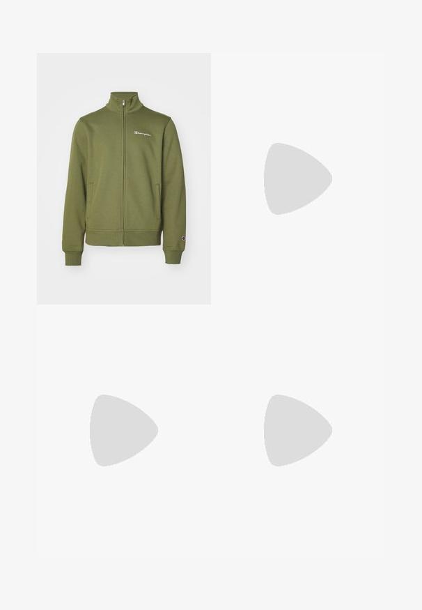 Champion ICONS FULL ZIP COLLAR - Felpa con zip - green; Maglietta da ginnastica bianca a maniche corte realizzata in tessuto liscio. Presenta un colletto rotondo e un logo grigio sul lato sinistro del petto, con fessure laterali all'orlo.; Pantaloni sportivi neri con una texture liscia, vestibilità slim, vita elastica e tasche laterali. Presentano un piccolo logo sulla coscia sinistra.; Scarpe da ginnastica bianche con tomaia in mesh testurizzato, abbinate a calzini a coste blu chiaro con un logo. Pantaloni sportivi grigi con bordi perforati.