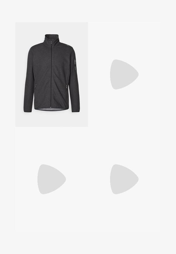 Veste en polaire gris foncé avec un col haut, fermeture éclair sur le devant, et poches zippées. Elle présente un tissu texturé et une coupe slim.; T-shirt noir à manches courtes en tissu léger. Présente un petit logo blanc sur la poitrine gauche et des accents subtils aux épaules.; Pantalon de sport noir en tissu léger, avec une taille à cordon, des poches latérales et des chevilles resserrées.; Chaussure de trail running noire avec une tige texturée, des lacets élastiques et une semelle extérieure Contagrip. Présente un ajustement serré et un pare-chocs protecteur.