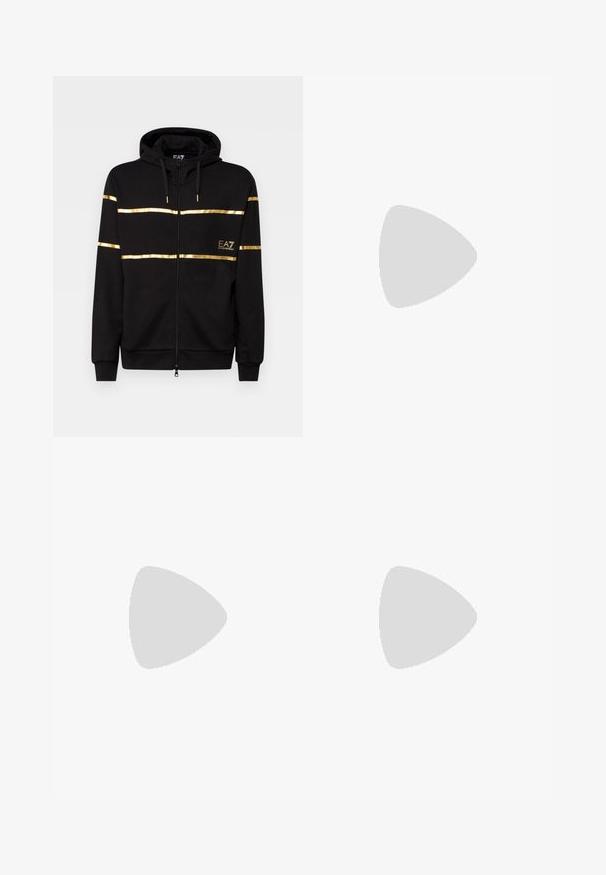 Black zip-up hoodie with gold stripe accents across the chest and a logo. Features a drawstring hood and ribbed cuffs. Soft fabric texture.; White cotton t-shirt featuring a round neckline and short sleeves, with a gold EA7 Emporio Armani logo printed on the front.; Black athletic shorts made of soft fabric,Featuring an elastic waistband and a small yellow EA7 logo on the lower left leg.; White leather sneaker with a smooth finish, round toe, flat laces, and a textured sole. Features a subtle logo on the heel.