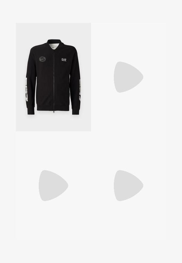 Black zip-up jacket made of smooth fabric. Features a stand-up collar, ribbed cuffs, and bold white graphic detailing on sleeves and chest.; White cotton t-shirt with a round neck, short sleeves, and textured accents along the shoulders. Features embroidered logo on the sleeves.; Black jogger pants made of soft fabric, featuring an elastic waistband, cuffed hems, and side mesh panels for added ventilation.; White leather sneakers with a flat rubber sole, featuring a smooth finish, round toe, and metal eyelets for laces. Worn with black pants.