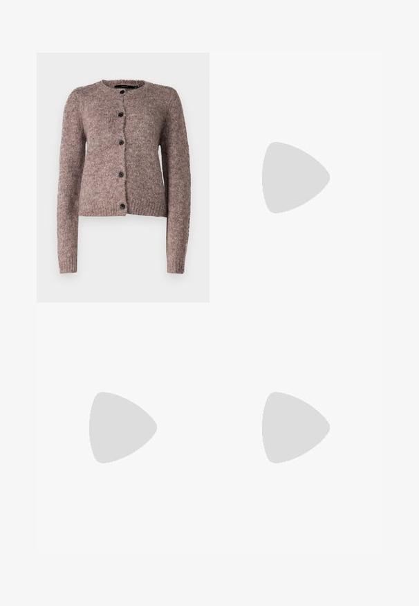 Vero Moda VMNOVAH LS O-NECK BUTTON NOOS - Strickjacke - brown; Zwei ärmellose, gerippte Rollkragenoberteile in Schwarz und Weiß, mit einer figurbetonten Passform und glatter Textur sowie einer cropped Länge.; Schwarze weite Hosen aus leichtem Stoff, mit einem Knopfverschluss vorne und flachem Bund, mit sorgfältig genähten Säumen.; Sportschuhe mit einem Obermaterial aus weißem Leder, grauer Wildleder-Zehenkappe und drei schwarzen Streifen. Sie verfügen über ein blaues Logo auf der Zunge und eine strukturierte Gummisohle.