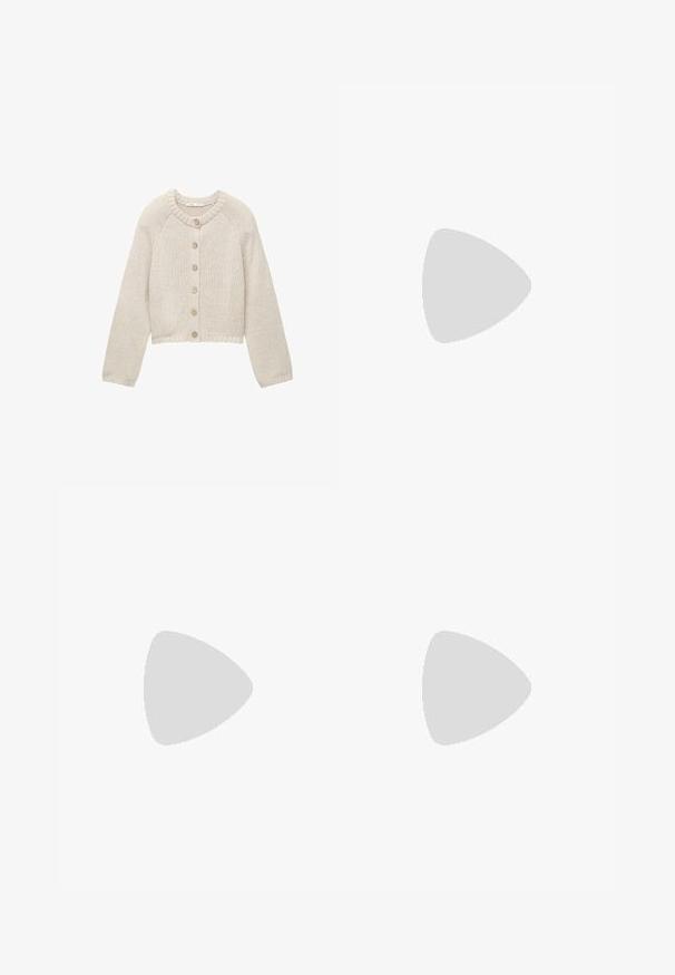 Vaalea neulecardigan, jossa on pitkät hihat ja viisi puista nappia edessä. Rundikaula-aukko sekä ribbireunat hihansuissa ja helmassa.; Valkoinen, hihaton, ribbineulemekko, jossa on tiukka siluetti ja joka ulottuu polvien alapuolelle. Yksinkertainen ja minimalistinen muotoilu, ilman kuvioita tai varusteita.; Vaaleanharmaat korot, joissa on terävä kärki, avokämmeninen muotoilu, nilkkaremmi ja kultaketjuyksityiskohta. Sileä nahkatunnelma.; Ruskea nahkainen käsilaukku, jonka muoto on kartiomainen, tukevat kahvat ja erottuva valkoinen ompelu. Varustettu irrotettavalla olkahihnalla monipuolisuutta varten.; Stradivarius FLORAL  - Kaulakoru - beige