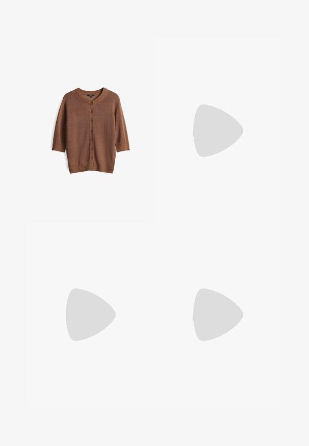 Brown knitted cardigan with three-quarter sleeves, featuring a ribbed neckline and hem, and six front buttons. Smooth texture, casual fit.; Even&Odd by Zalando 2 PACK - Top - black/white; Black wide-leg trousers made of lightweight fabric, featuring a front button closure and flat front, with neatly stitched hems.; adidas Originals SAMBA OG UNISEX - Trainers - footwear white/core black/granit
