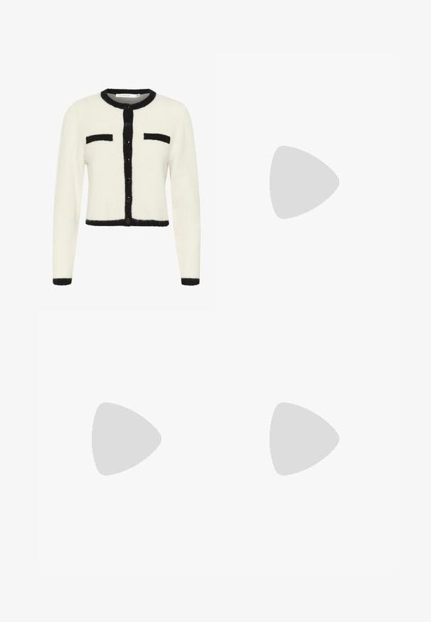 Weißer, kürzer geschnittener Cardigan aus weichem Material mit schwarzer Borte, runder Halsauschnitt, Knopfverschluss und zwei Brusttaschen.; Weißes T-Shirt mit kurzen Ärmeln, Rundhalsausschnitt, aus weichem, glattem Baumwollstoff, mit geradem Saum und minimaler Ausstattung. Schlichtes und vielseitiges Design.; Weiße, ausgestellte Jeans aus einem glatten Baumwollstoff, mit fünf Taschen, einem Metallknopfverschluss und Gürtelschlaufen. Die Beine haben ein leichtes Verfeinerungsdetail.; Weiße Lederloafers mit flacher Sohle, ausgestattet mit einer goldfarbenen Schnallenverzierung und einer glatten Oberfläche. Klassisches Design mit schlichten Linien.