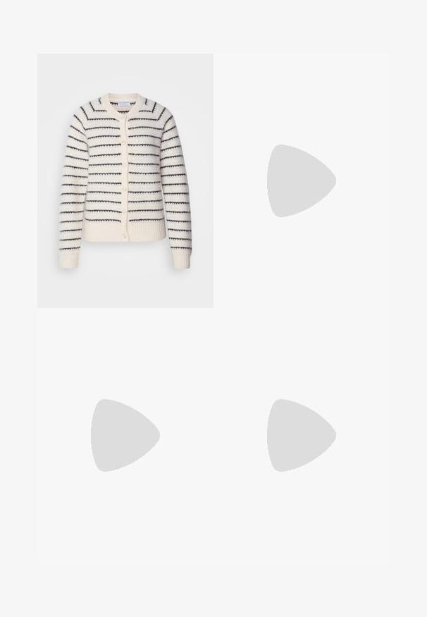 Lindex CARDIGAN YARA - Cardigan - light dusty beige; White short-sleeve T-shirt made of soft cotton. Features a round neckline and relaxed fit. Clean design with no visible patterns or accents.; Black cotton blend trousers with a straight-leg design, front button closure, and two side pockets. Smooth texture, no visible patterns.; Pale pink slingback flats with a pointed toe, made from a smooth leather-like material. Features cut-out details at the sides and a flat heel.