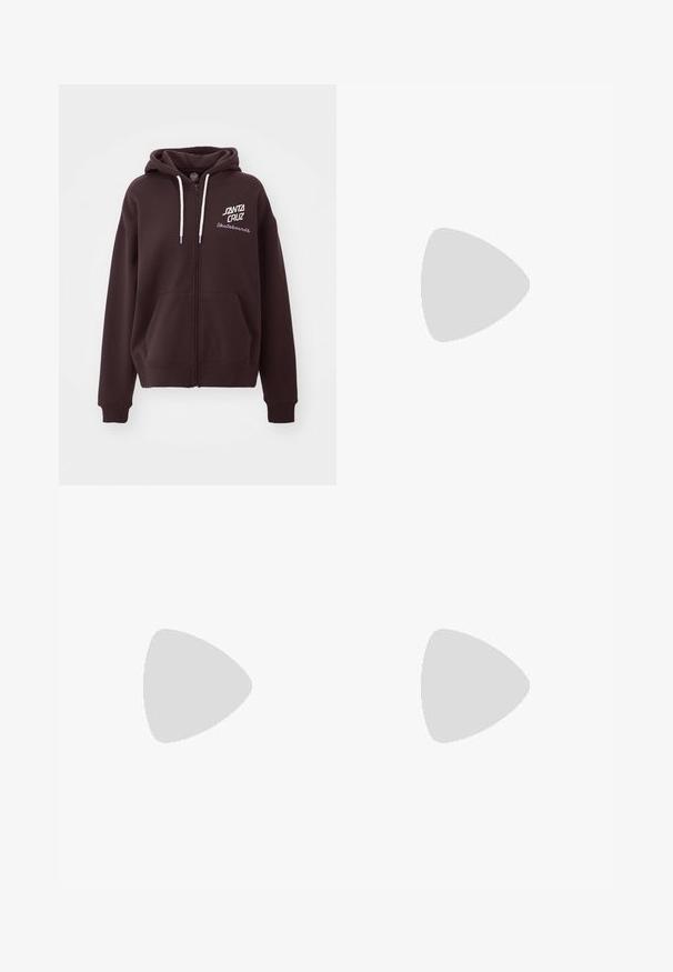 Mørkebrun zip-up hettegenser med snøring på hetta, med hvite snører og brodert hvit og lilla tekst. To frontlommer.; Hvit bomull t-skjorte med korte ermer og rund hals. Har en svart Adidas-logo på brystet og en kontrasterende svart indre krage.; Kremfargede bukser med brede ben og zigzag-mønster, med en svart logo-linning og svarte striper på siden. Lett, teksturert stoff.; Kremfargede joggesko med tre beige striper, laget av semsket skinn og tekstilmaterialer, med en teksturert såle og preget merkevare på hælen.