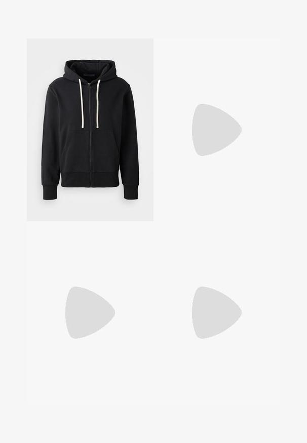Sudadera negra con cremallera, hecha de una mezcla de algodón, que cuenta con un bolsillo frontal, capucha con cordón y puños acanalados. Textura suave, diseño liso.; BOSS TEE - Camiseta básica - open white; Pantalones de traje azul marino, confeccionados en una tela suave, con un bolsillo con cremallera, perneras rectas y un cierre de botón en la cintura.; Zapatilla deportiva en blanco y beige claro, con parte superior de malla, detalles perforados y una mediasuela texturizada con la marca en el talón.