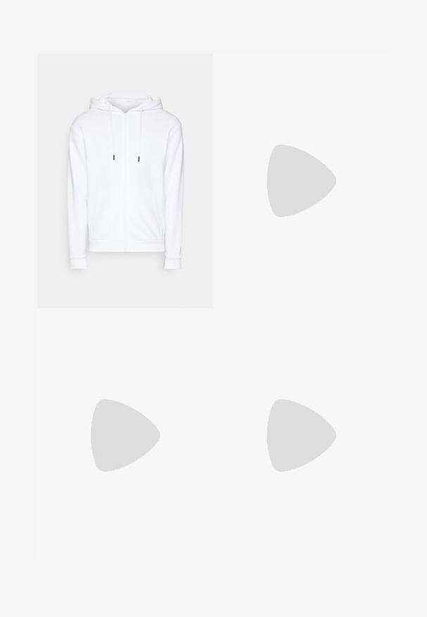 Jack & Jones JJEBRADLEY ZIP HOOD - Sweater met rits - white; Witte katoenen t-shirt met een ronde hals, korte mouwen en een relaxte pasvorm. Heeft een eenvoudig ontwerp zonder patronen of accenten.; Zwarte broek met een geplooid design aan de voorkant, gemaakt van soepel stof. Voorzien van een knoopsluiting en riemlussen; rechte pasvorm.; Witte leren sneaker met vetersluiting, gestructureerd oppervlak en een dikke witte rubberen zool met een gekartelde rand voor grip.