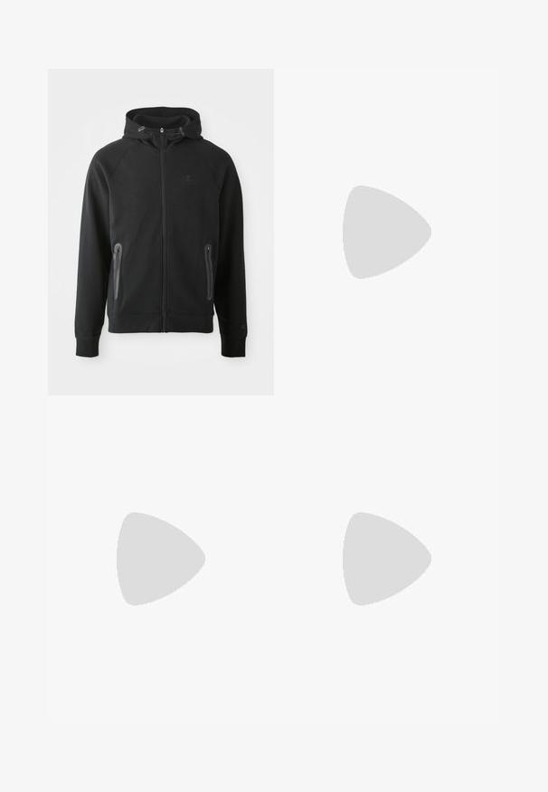 Schwarze Zip-Hoodie aus weichem Stoff, mit Kapuze, Raglanärmeln, zwei mit Reißverschluss versehenen Taschen und einem kleinen Logo auf der Brust.; Weißes Crewneck-T-Shirt aus Baumwolle, mit kurzen Ärmeln und einem kleinen, auf der linken Brustseite gestickten Logo. Weiche Textur.; Graue Sweatpants aus einer weichen Baumwollmischung, mit einem elastischen Bund, schmal zulaufenden Beinen und einem kleinen Logo im linken Taschenbereich.; Weißes sportliches Sneakerpaar mit glattem, synthetischen Obermaterial, schwarzem Logo-Akzent und perforierten Details an der Seite. Gummisohle.