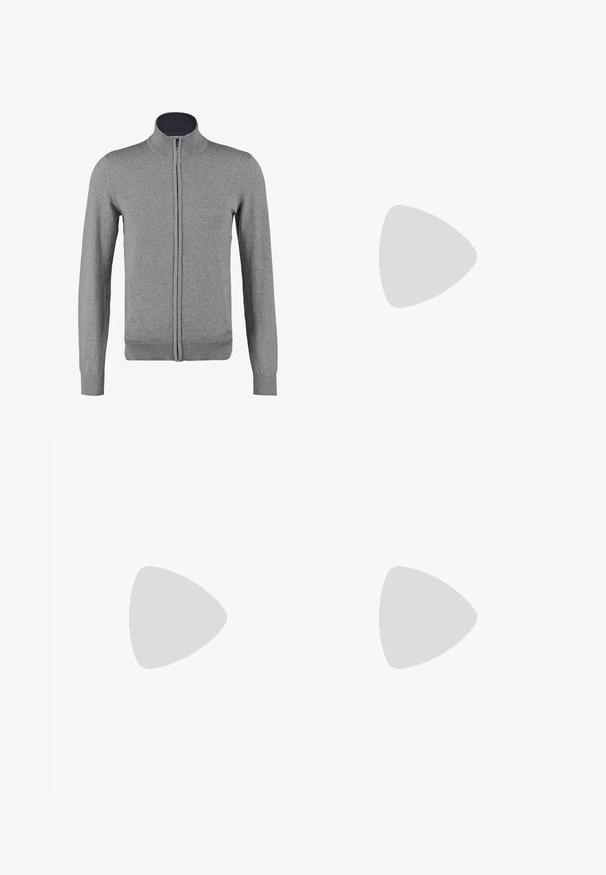 Gray zip-up cardigan with a ribbed collar and cuffs, featuring a smooth texture and fitted shape. No visible patterns or accents.; Blue and white striped long-sleeve shirt made of cotton, featuring a button-down collar, front buttons, and a small embroidered logo on the chest.; Beige trousers with a smooth texture, straight cut, two back pockets with buttons, and a standard waistband.; Navy suede sneaker with a low profile, round toe, and contrasting beige rubber sole. Features tonal laces and a soft textile lining.